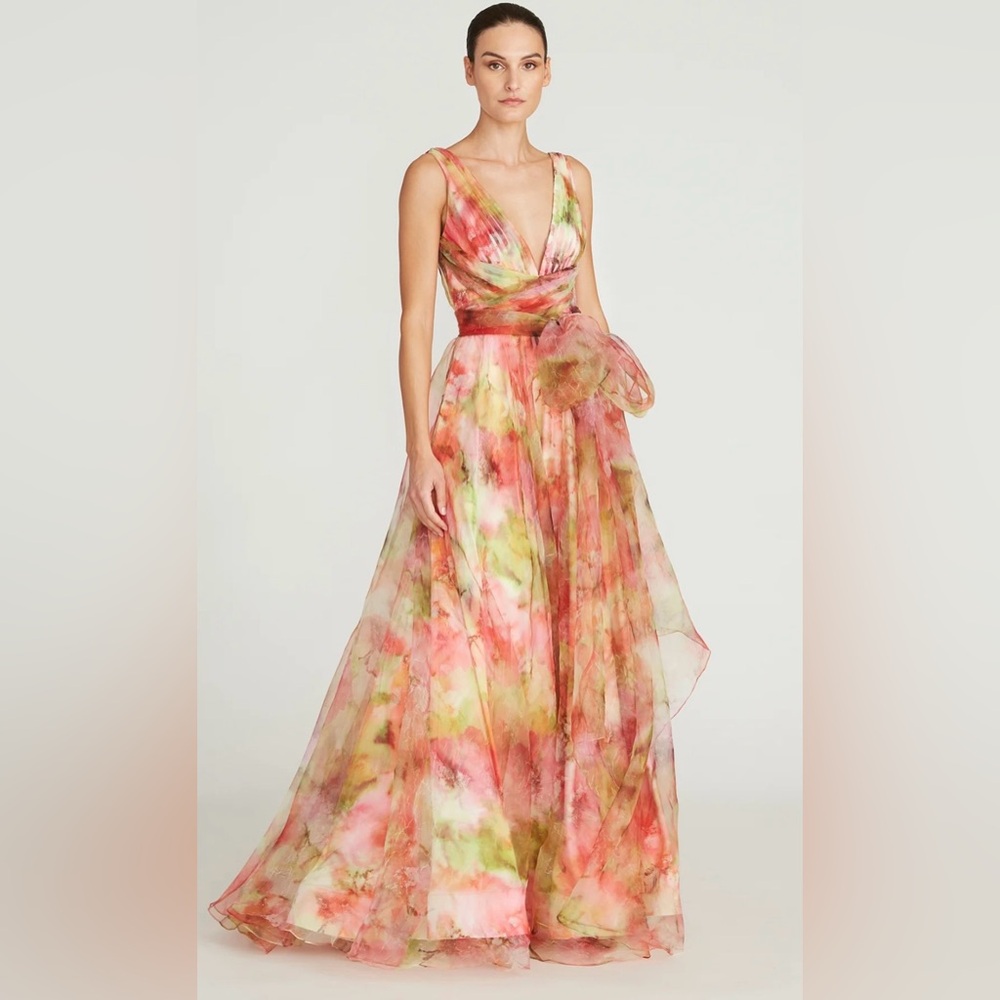 Theia Faye Orange Watercolor Floral V-Neck Tie-Waist Maxi Dress